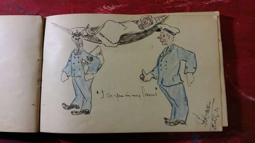 OLD SKETCHBOOK WITH INTRICATE DRAWINGS, DIAGRAMS AND CARTOONS