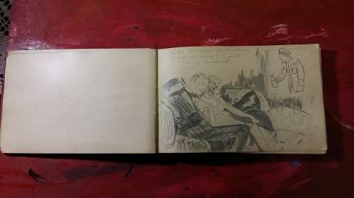 OLD SKETCHBOOK WITH INTRICATE DRAWINGS, DIAGRAMS AND CARTOONS