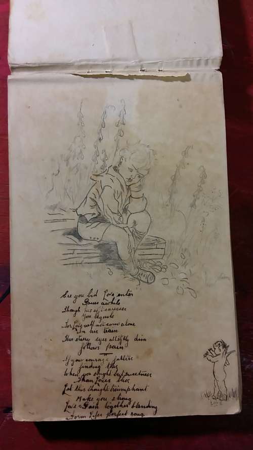 OLD SKETCHBOOK WITH INTRICATE DRAWINGS, DIAGRAMS AND CARTOONS