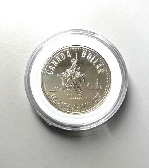 RARE CANADIAN CALGARY SILVER DOLLAR (1875-1975) COIN - IN CAPSULE