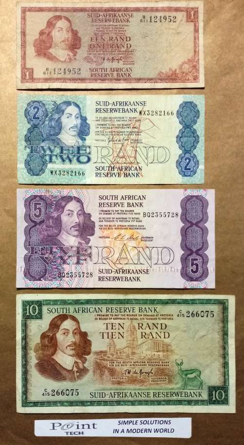 4 SOUTH AFRICAN BANKNOTES-- ( R1, R2, R5 & RARE R10)