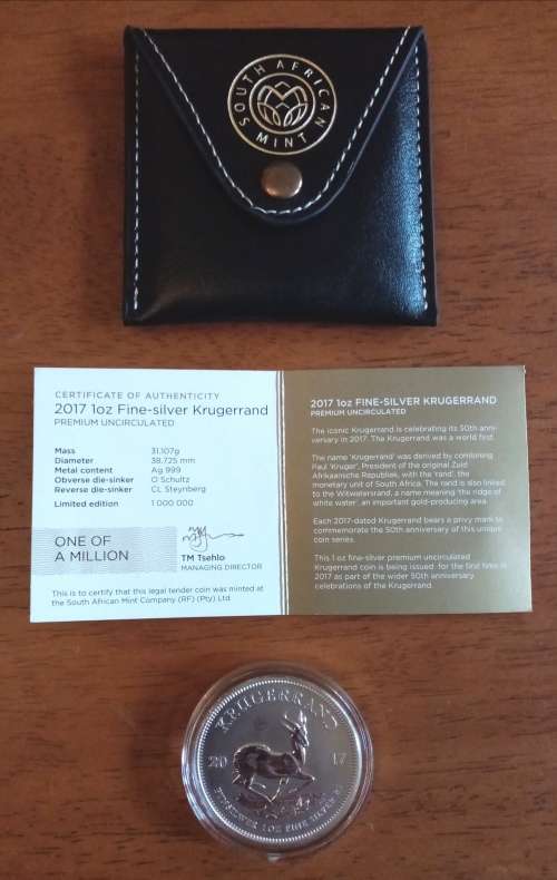 (LOW START) 2017 PREMIUM UNCIRCULATED 1OZ SILVER KRUGERRAND IN SA MINT PU LEATHER POUCH