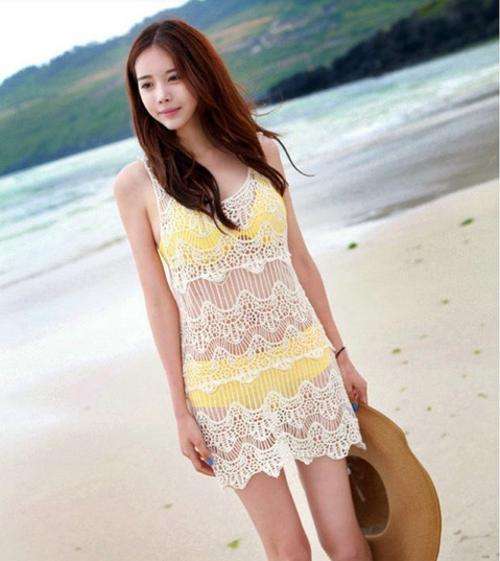 Women Lace Stitch Crochet Sleeveless Swimwear Bikini Cover Up Beach Beige Dress