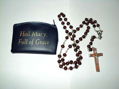 Catholic wood rosary and rosary pouch Hail Mary wooden beads