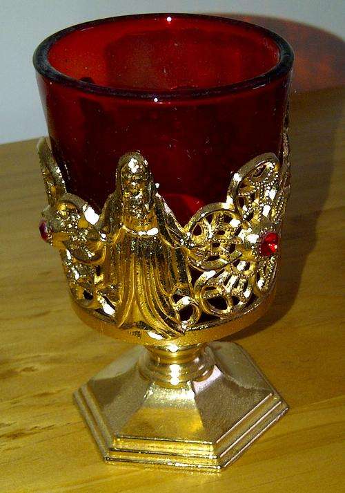 Catholic votive candle holder red glass Mary Jesus Infant of Prague figures