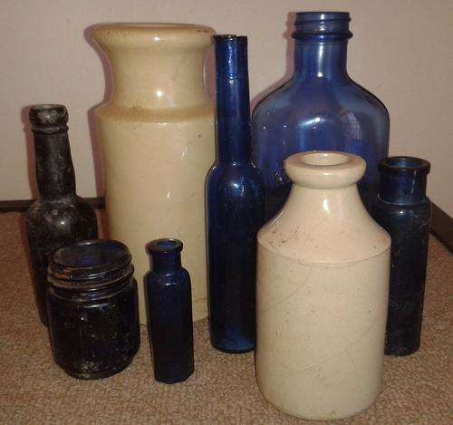 BEAUTIFUL SELECTION OF OLD BOTTLES - BLUE & CERAMIC
