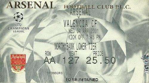 Arsenal v Valencia 2000/01 UEFA Champions League 1/4 Final 1st Leg Match Ticket