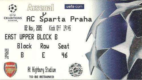 Arsenal v Sparta Prague 2005/06 UEFA Champions League Group Stage Match Ticket