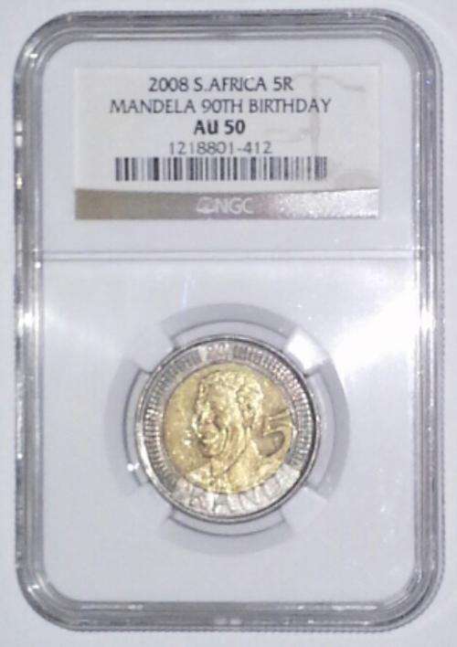 2008 Mandela 90th Birthday R5 Coin NGC Graded AU50 ( Rare )