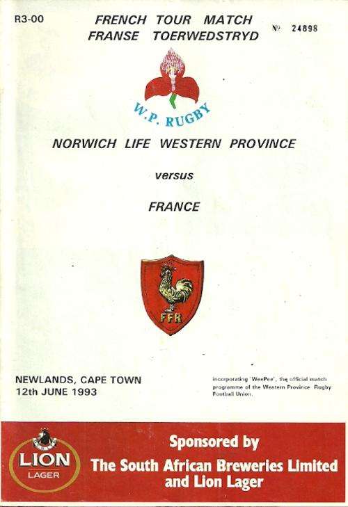 Western Province v France 1993 Tour Match Programme