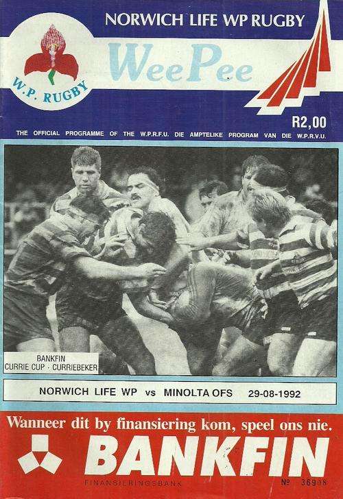 Western Province v Free State 1992 Currie Cup Match Programme