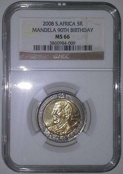 2008 Mandela 90th Birthday R5 Coin NGC Graded MS66
