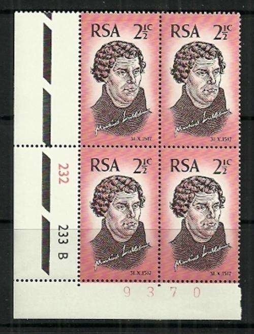 South Africa - 1967 450th Anniversary of Reformation Control Block of 4 B MNH
