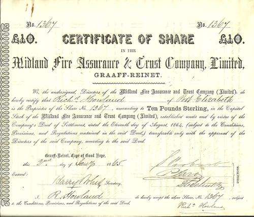 Midland Fire Assurance & Trust Company Limited Share Certificate - dated 1865