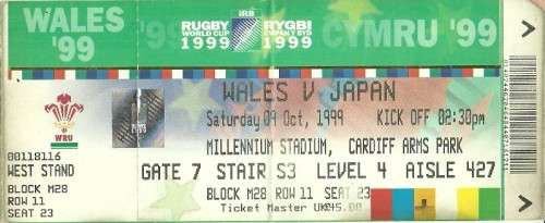 Wales v Japan 1999 Rugby World Cup Group Stage Match Ticket