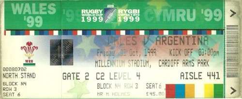 Wales v Argentina 1999 Rugby World Cup Group Stage Match Ticket