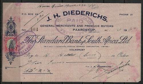 Union of South Africa 1939 J.H. Diederichs , Standard Bank Used Cheque with Revenue Stamp