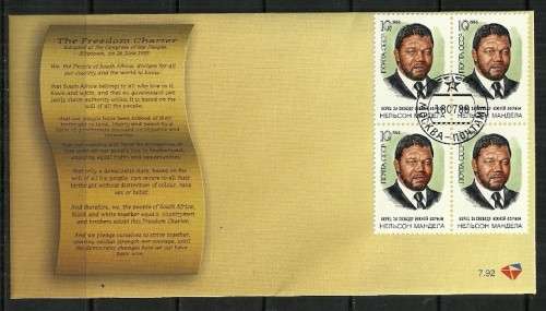 USSR 1988 Block of 4 Nelson Mandela Stamp on Freedom Charter FDC # 7.92