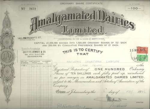 South African Amalgamated Dairies Ltd Share Certificate - dated 1946