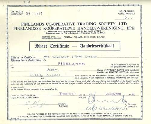 South African Pinelands Co-Operative Trading Society Ltd Share Certificate - dated 1961