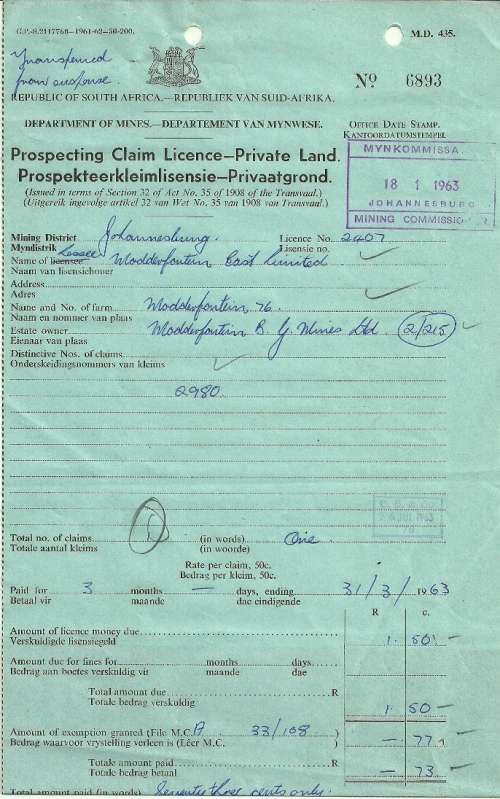 South African Prospecting Claim Licence Issued to Modderfontein Gold Mine - dated 1963