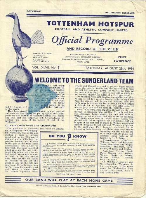 Tottenham Hotspur v Sunderland 1954/55 Div. 1 Match Programme