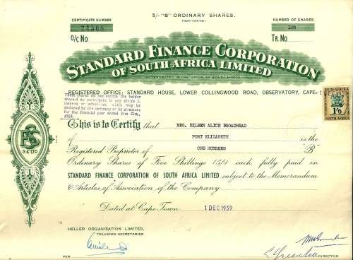 Standard Finance Corp. of South African Ltd Share Certificate - dated 1959 with Revenue Stamp