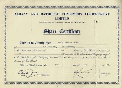 Albany and Bathurst Consumers Co-Operative Ltd Share Certificate - dated 1975