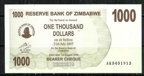 2006 Zimbabwe $1000 Bearer Cheque UNC