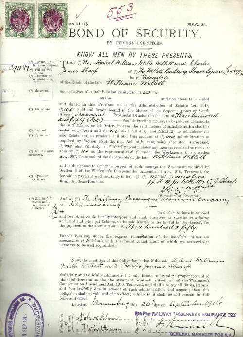 Union of South Africa 1916 Bond of Security with Revenue Stamps