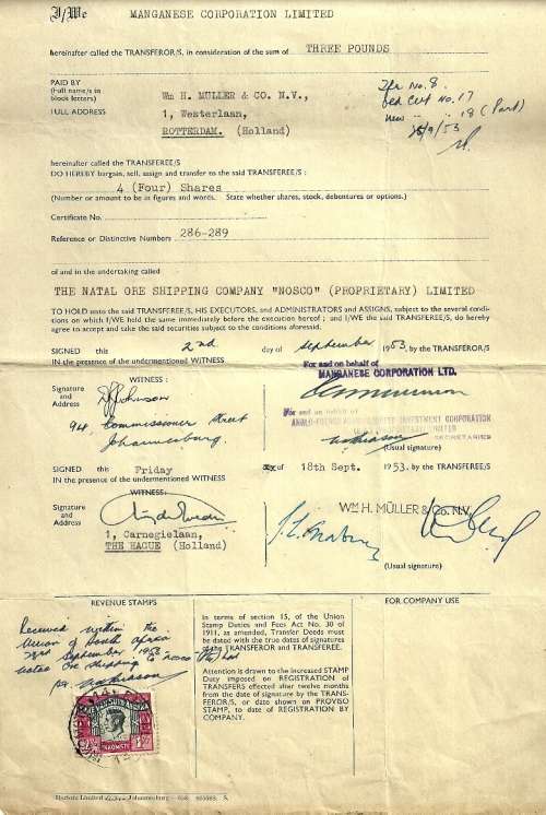 Union of South Africa 1953 Transfer of Shares of Stock Document with Revenue Stamps