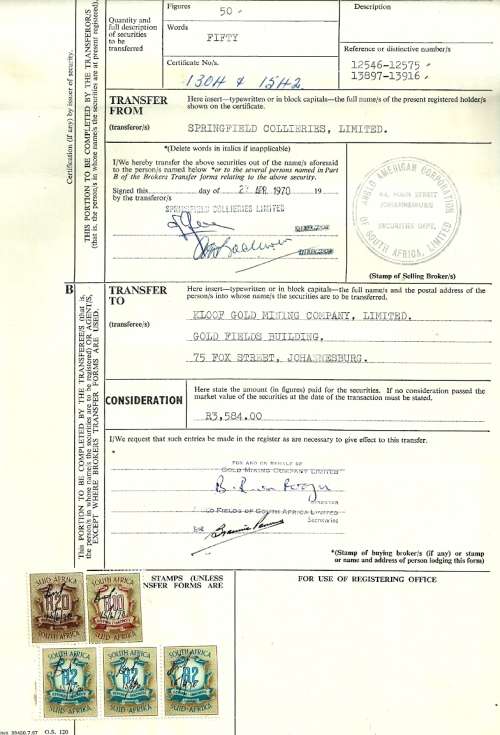 South Africa 1970 Transfer of Shares of Stock Document with Revenue Stamps