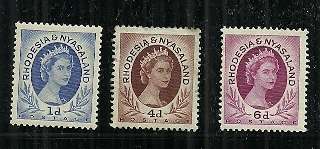 Rhodesia & Nyasaland - 1954 Definitive Issue 1d, 4d & 6d MNH