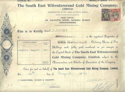 The South East Witwatersrand Gold Mining Company Share Certificate - dated 1933