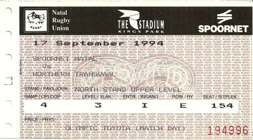 Natal v Northern Transvaal 1994 Currie Cup Match Ticket