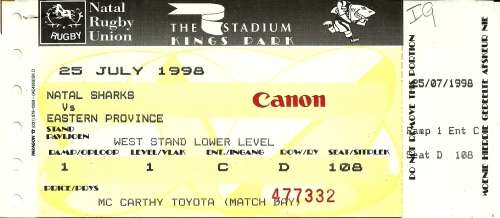 Natal v Eastern Province 1998 Currie Cup Match Ticket