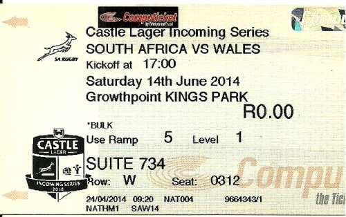 South Africa v Wales 2014 1st Test Match Ticket