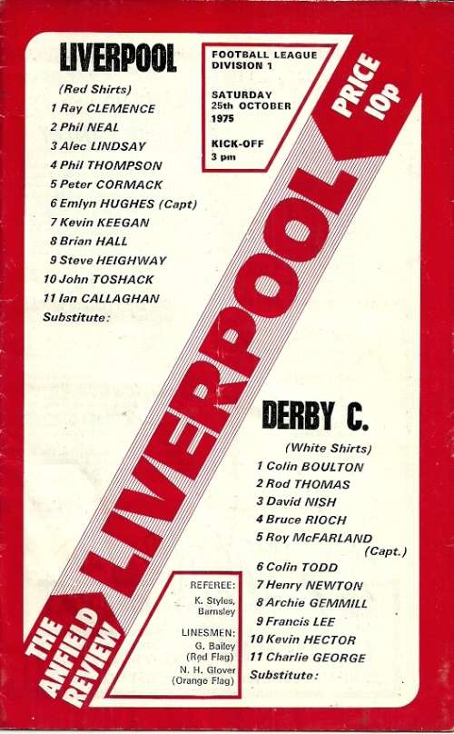 Liverpool v Derby County 1975/76 Division 1 League Match Programme