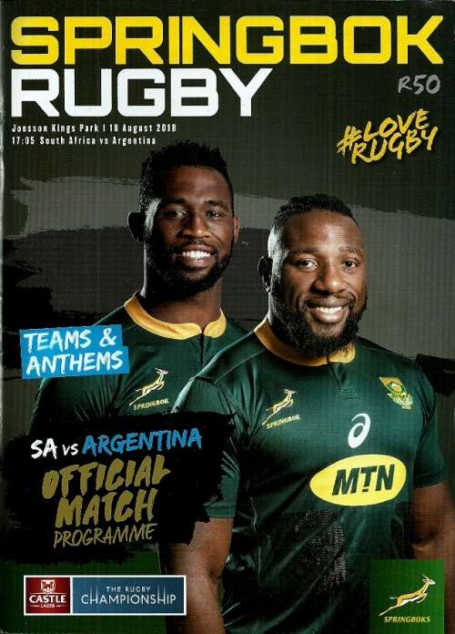 South Africa v Argentina 2018 Rugby Championship Match Programme