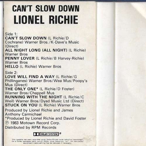 Lionel Richie - Can't Slow Down Cassette Tape
