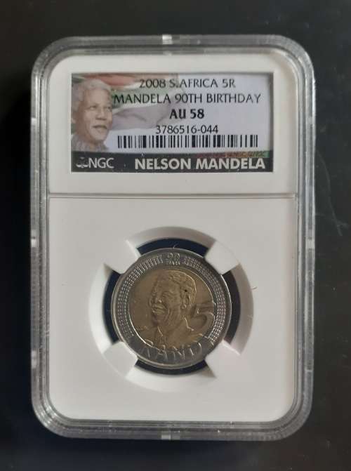 2008 Mandela 90th Birthday R5 Coin NGC Graded AU58 - Nelson Mandela Label