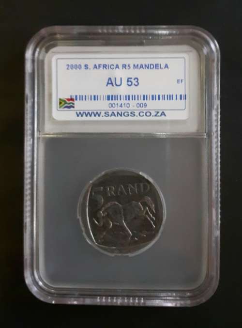 2000 Mandela Smiley R5 Coin SANGS Graded AU53
