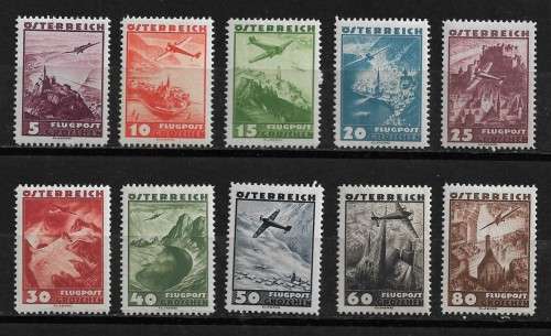 Austria - 1935 Airmail Definitive Issue Part Set of 10 Stamps MH
