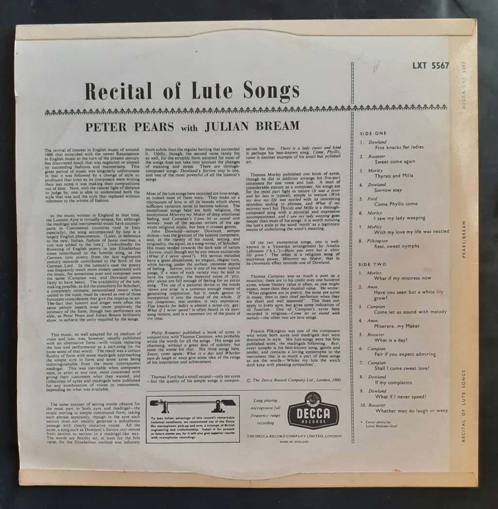Peter Pears & Julian Bream  A Recital Of Lute Songs LP Vinyl Record - UK Pressing