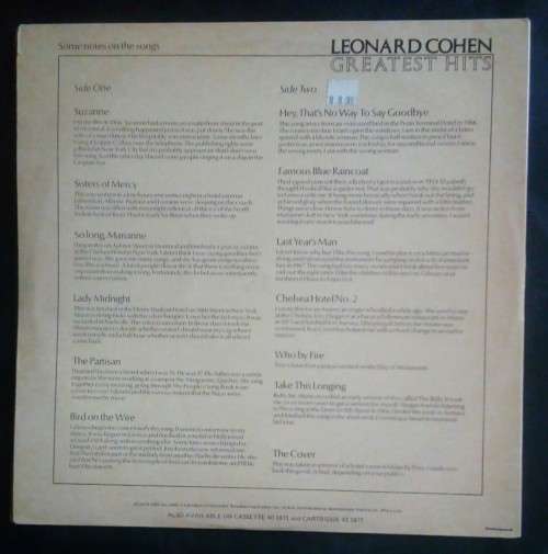 Leonard Cohen Greatest Hits LP Vinyl Record