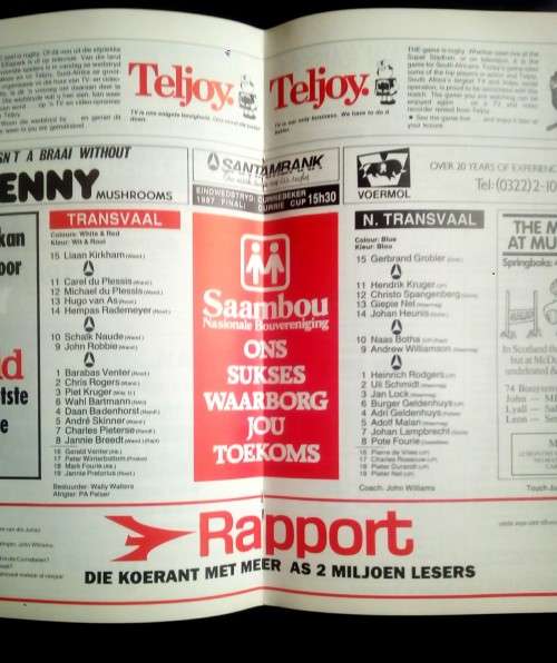 Transvaal vs Northern Transvaal 1987 Currie Cup Final Match Programme