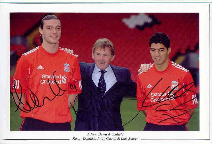 DALGLISH, SUAREZ & CARROLL LIVERPOOL PRE SIGNED A4 PHOTO