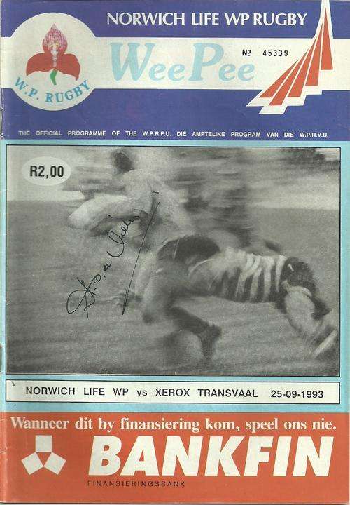 Western Province v Transvaal 1993 Currie Cup Match Programme Signed by H.O. de Villiers