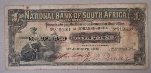 EXTREMELY RARE - 1 JANUARY 1915 NATIONAL BANK of SOUTH AFRICA - 1 POUND/POND - NEARLY NONE