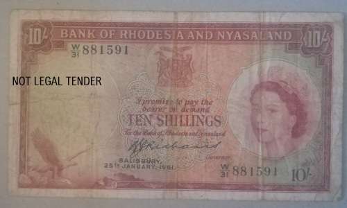 25 JANUARY 1961 BANK of RHODESIA 10 SHILLING NOTE (W31/881591) - RARE